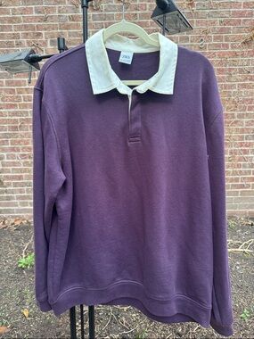 Zara Men's Plum Rugby-Style Long Sleeve Shirt with White Collar